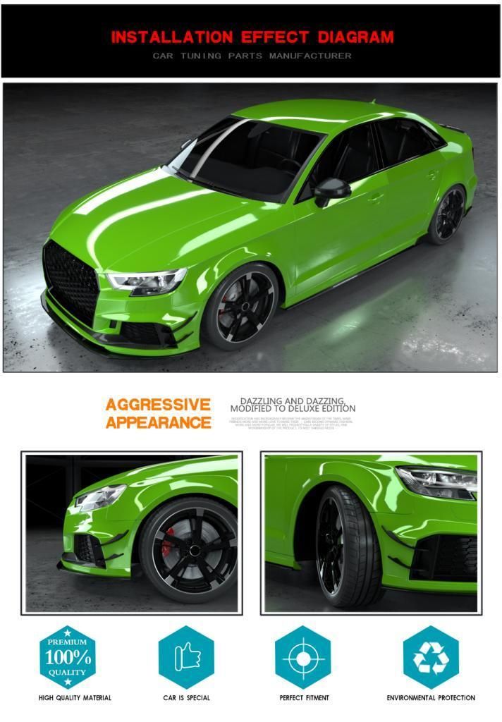 Carbon Fiber Front Bumper Fins for Audi RS3 Sedan 4-Door 2017-2019