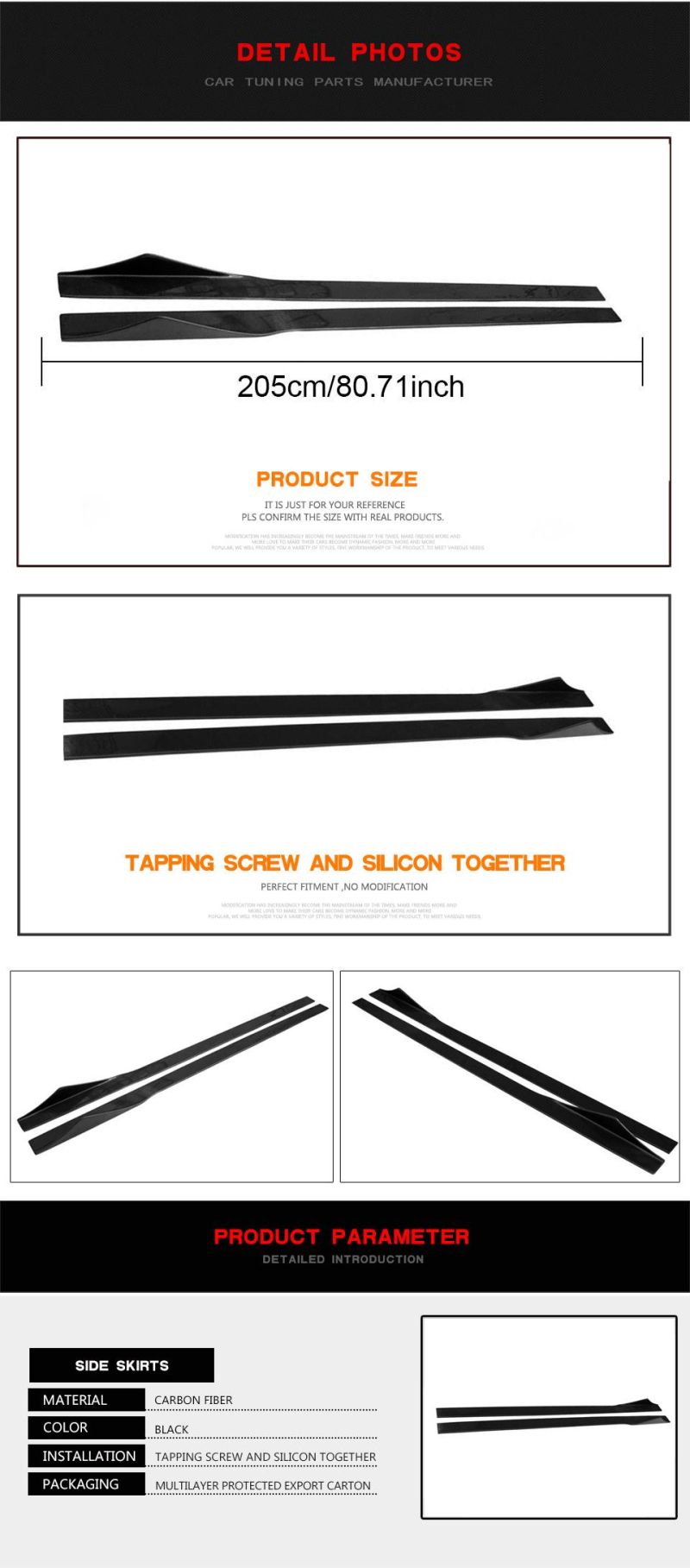 205cm Universal Carbon Fiber Side Skirt for BMW Audi Mercedes Benz All Sedan Vehicles Car Parts Accessories