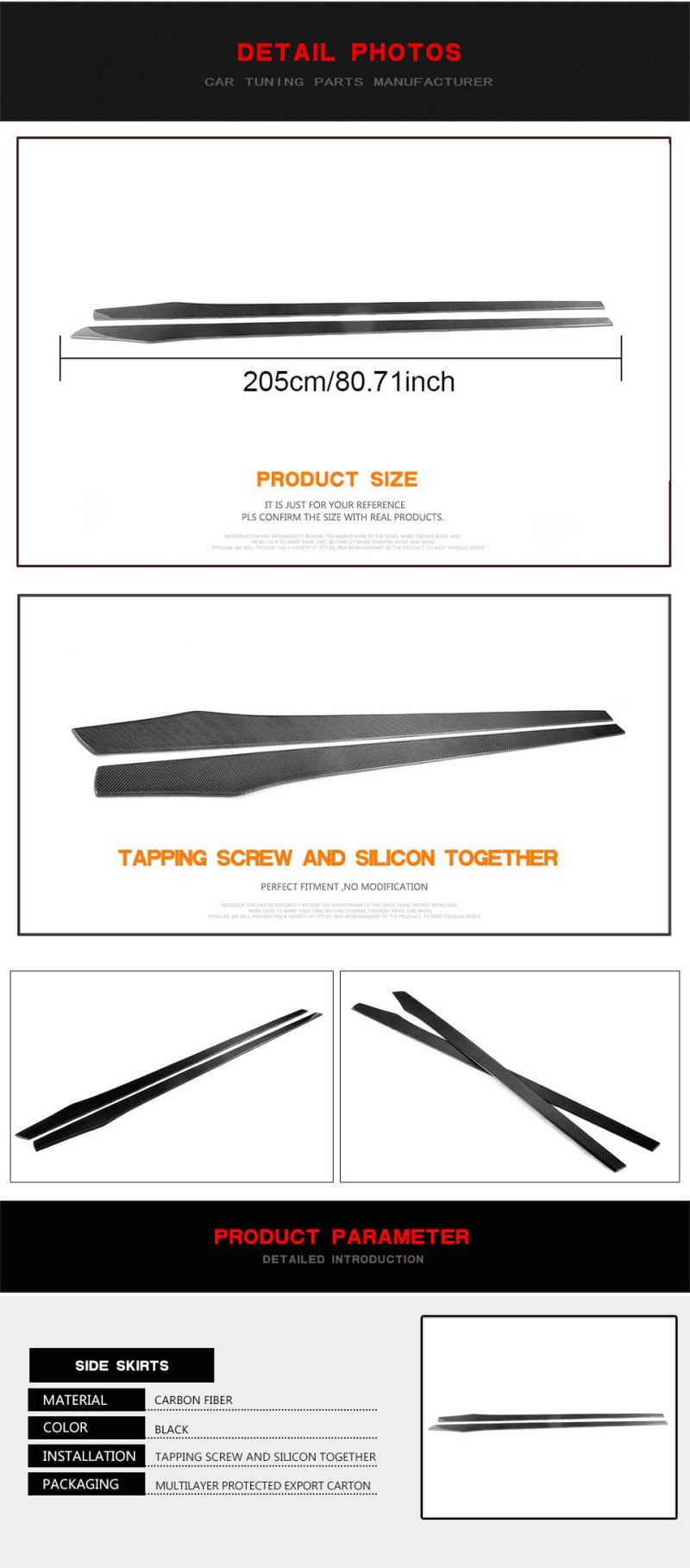 205cm Universal Carbon Fiber Side Skirts Extension for Audi BMW VW Mercedes Benz