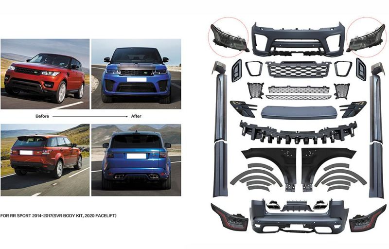 Automobile Parts Front and Rear Bumper with Grille and Light for Range Rover Sport 2014-2017 Upgrade 2018-2021 SVR Model