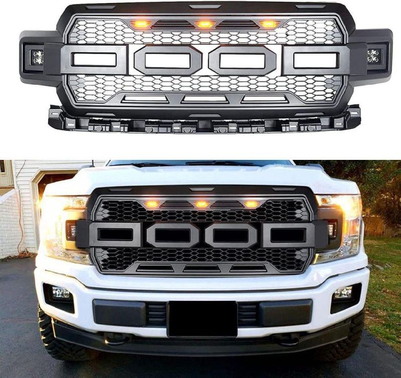 Hot Sale Pickup Truck Car Auto Front Bumper Grille Fit for Ford F-150 Grille with F&R Letters 2018 - 2019 with 3 Ambor Lightand 2 Cube Lights