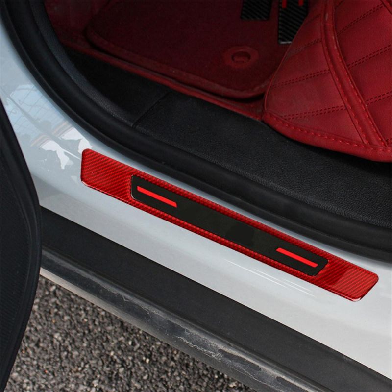 Carbon Fiber Red Rubber Car Door Sill Scuff Plate Cover Step Protecto