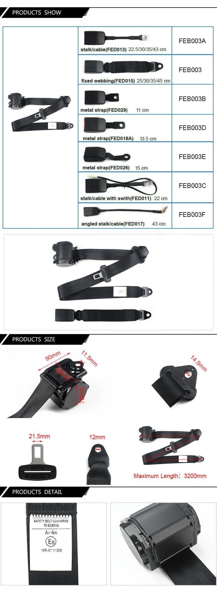 Feb003 Elr 3 Point Safety Belt Parts Universal Car Safety Belt with Emergency Locking Function