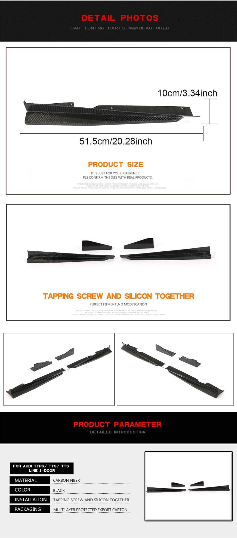 Carbon Fiber Ttrs Side Skirts Extensions for Audi Ttrs Tts MK3 8s 2015-2018