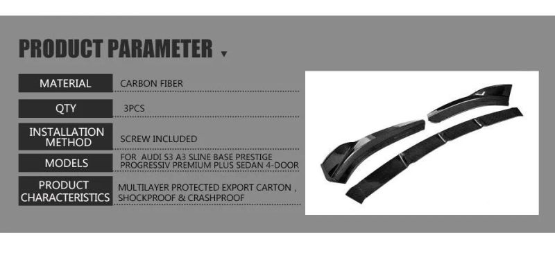 Carbon Fiber Front Lip for Audi S3 A3 Sline Base Prestige Progressiv Premium Plus Sedan 4-Door17-19