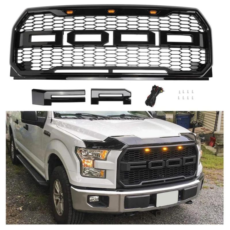 with LED Amber Light 4X4 ABS Plastic Car Front Grille for Ford F150 Raptor 2016-2019