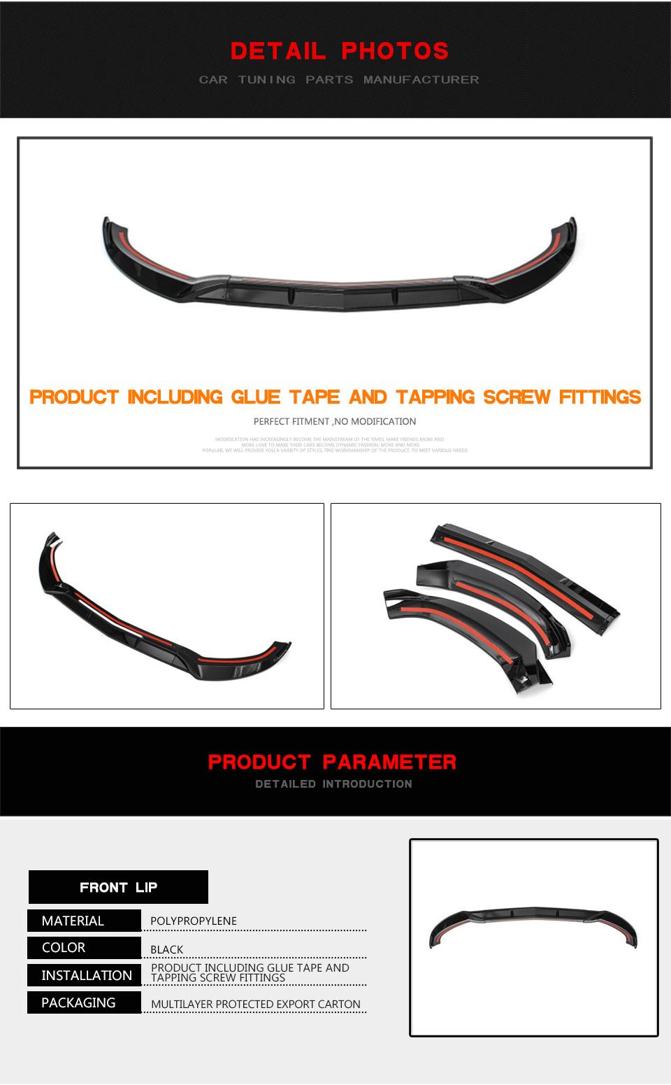 3PCS PP Glossy Black Front Bumper Spoiler Splitters for Mercedes-Benz Class W205 C180 C200 C300 Sport C43 Amg 2015 - 2018