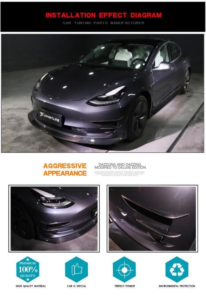 Carbon Fiber Car Front Bumper Canards Splitter for Tesla Model 3 Sedan 4-Door 2016-2019