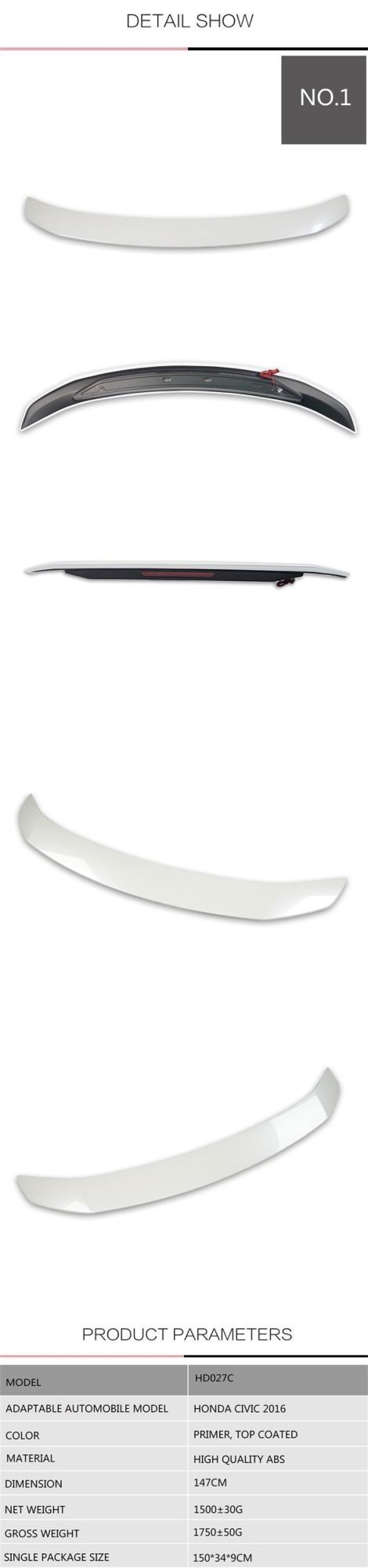 Czj Hottest ABS Rear Roof Lip Spoiler for Civic 2016 with LED Light