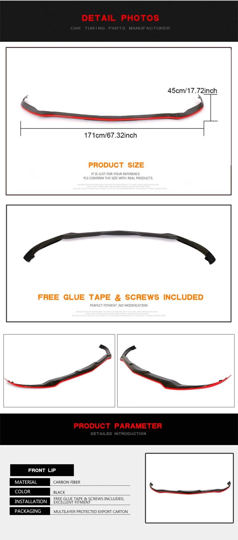 Carbon Fiber Front Bumper Lip Spoiler for Alfa Romeo Giulia Sedan 4-Door 2016-2018 (Black red edge)