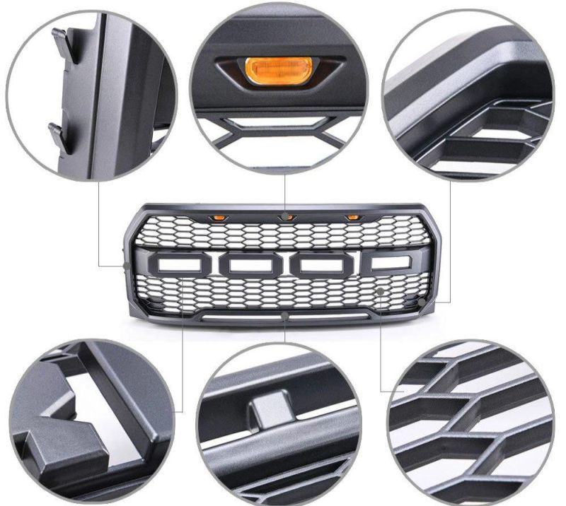 with LED Amber Light 4X4 ABS Plastic Car Front Grille for Ford F150 Raptor 2016-2019