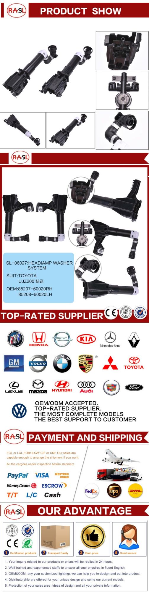 Headlight Washer Nozzle for Toyota Ujz200 2007- OE: 85208-60020 85208-60020