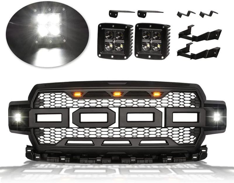 Hot Sale Pickup Truck Car Auto Front Bumper Grille Fit for Ford F-150 Grille with F&R Letters 2018 - 2019 with 3 Ambor Lightand 2 Cube Lights