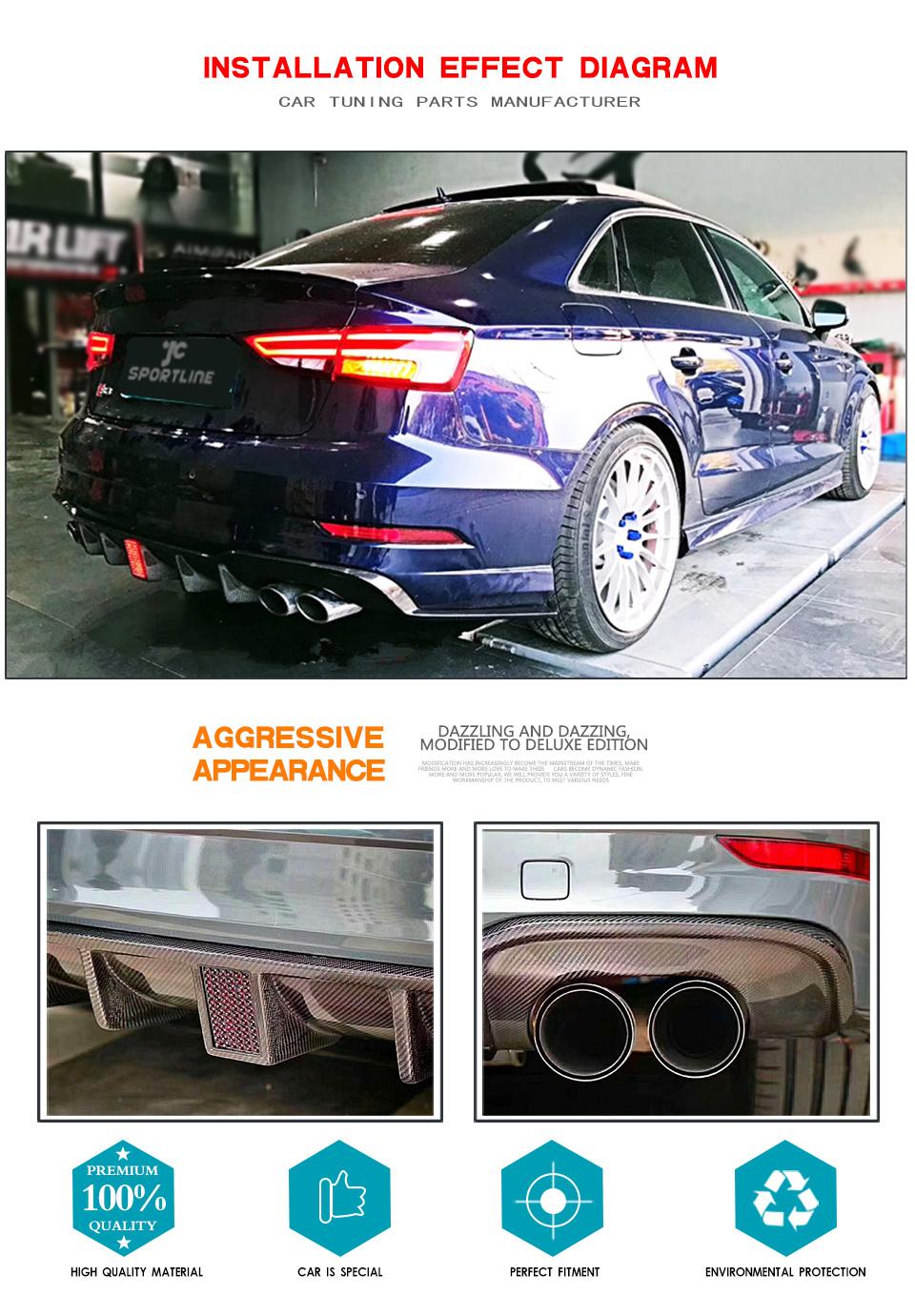 Carbon Fiber Rear Bumper Lip Diffuser with LED for Audi A3 Sline Sedan Convertible S3 2017-2019