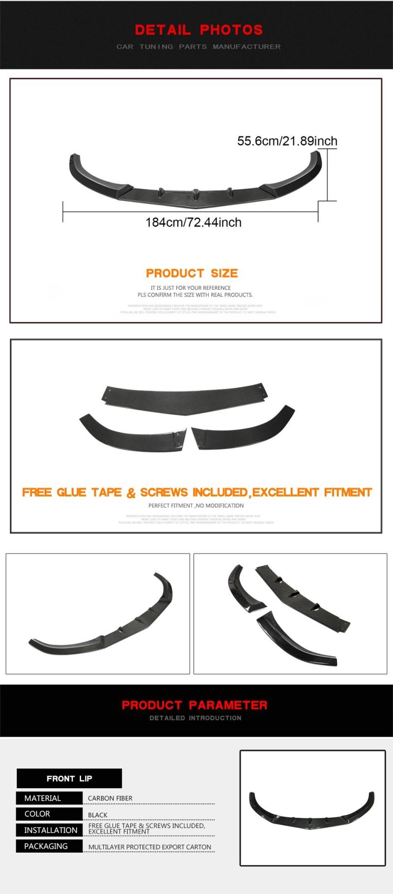 3PCS Front Bumper Lip Spoiler for Benz C205 C63 Amg 4door 15-20 Carbon Fiber Refit