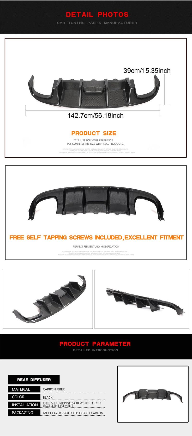 Carbon Fiber Rear Bumper Diffuser for Audi A4 S4 Base Sedan 4-Door 2008-2012