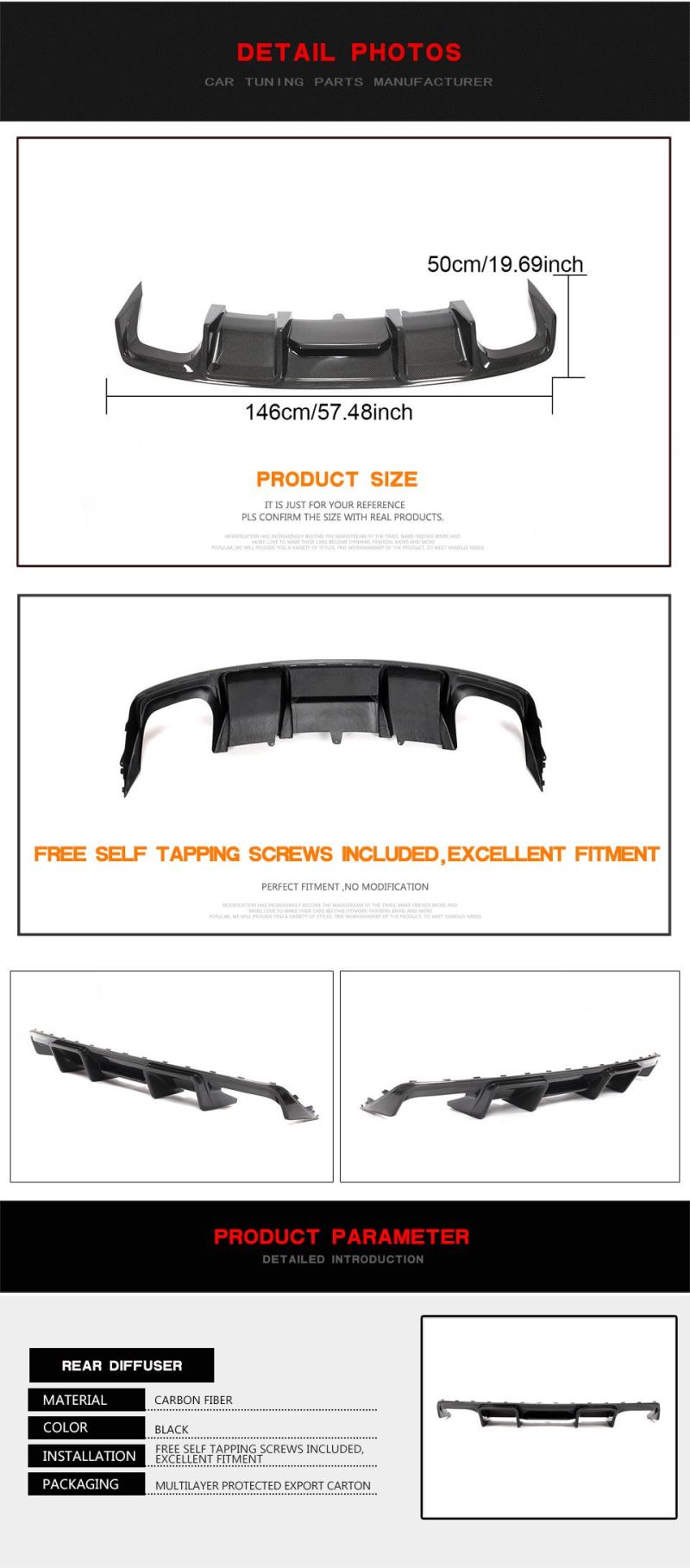 Carbon Fiber Rear Bumper Diffuser for Audi A4 S4 Base Sedan 4-Door 2013-2015