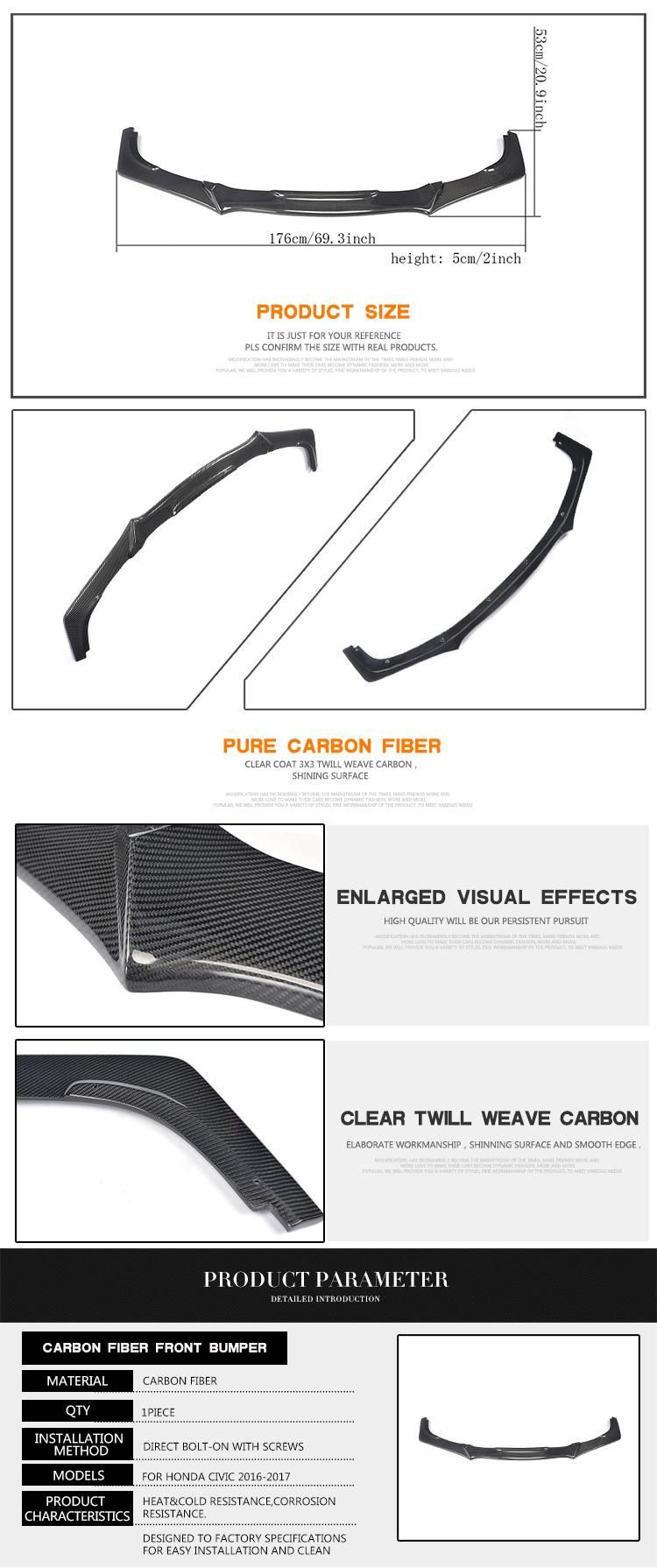 Carbon Fiber Front Lip Spoiler for Honda Civic 10th Type 16-17