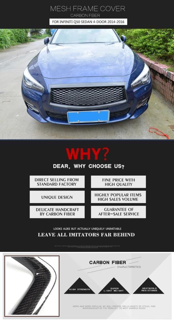 Carbon Fiber Front Grill Mesh Frame Cover for Infiniti Q50 Sedan 4-Door 2014-2016