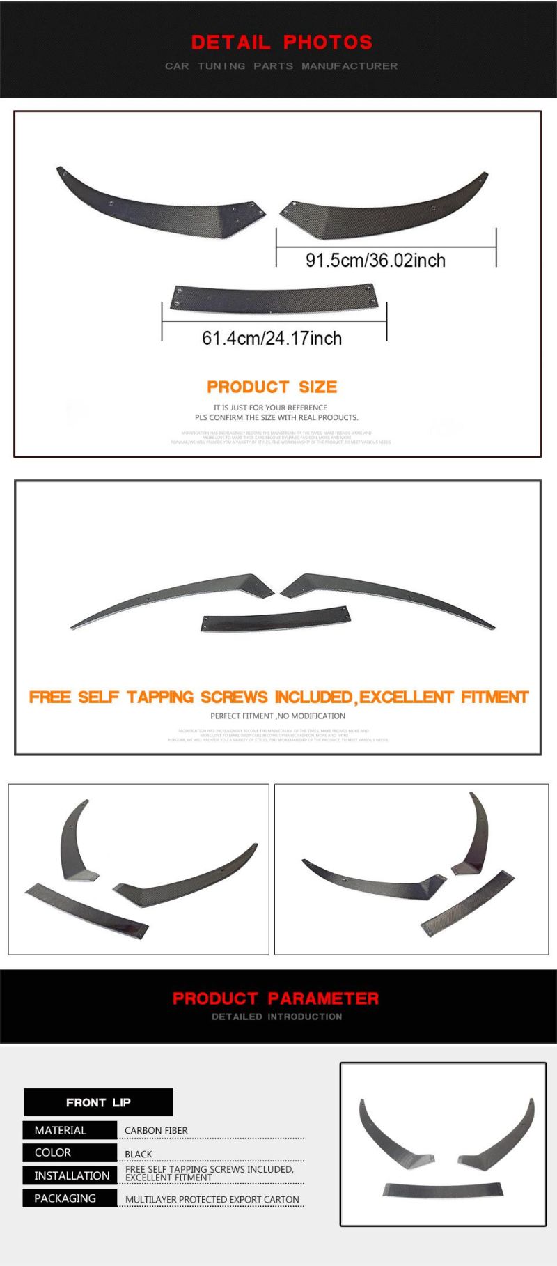3PCS/Set R8 Carbon Fiber Front Lip for Audi R8 Coupe Convertible 2-Door 2016-2018