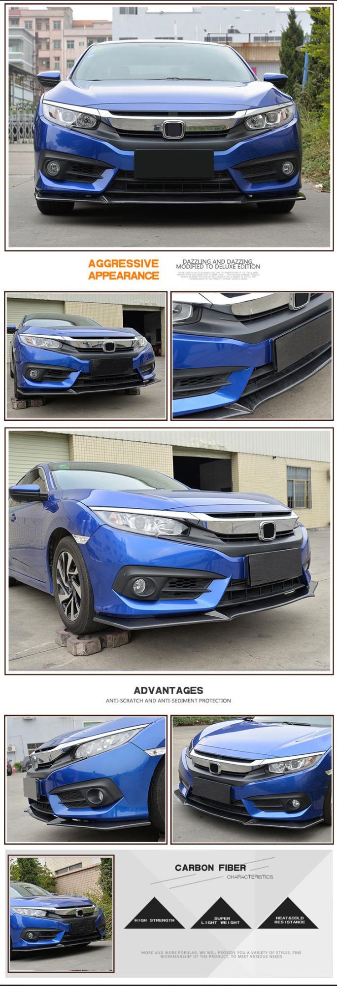 Carbon Fiber Front Lip Spoiler for Honda Civic 10th Type 16-17