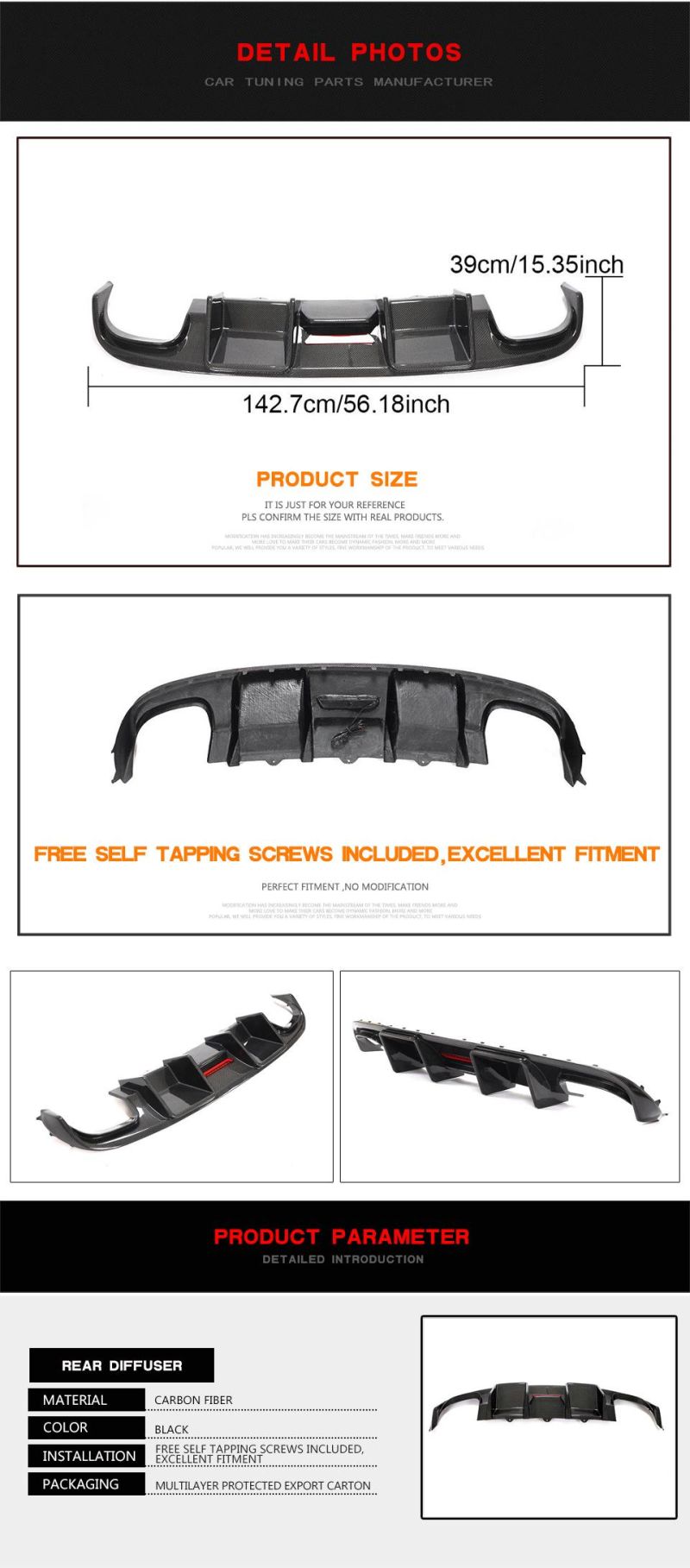 Carbon Fiber Rear Bumper Diffuser with LED Light for Audi A4 S4 Base Sedan 4-Door 2008-2012