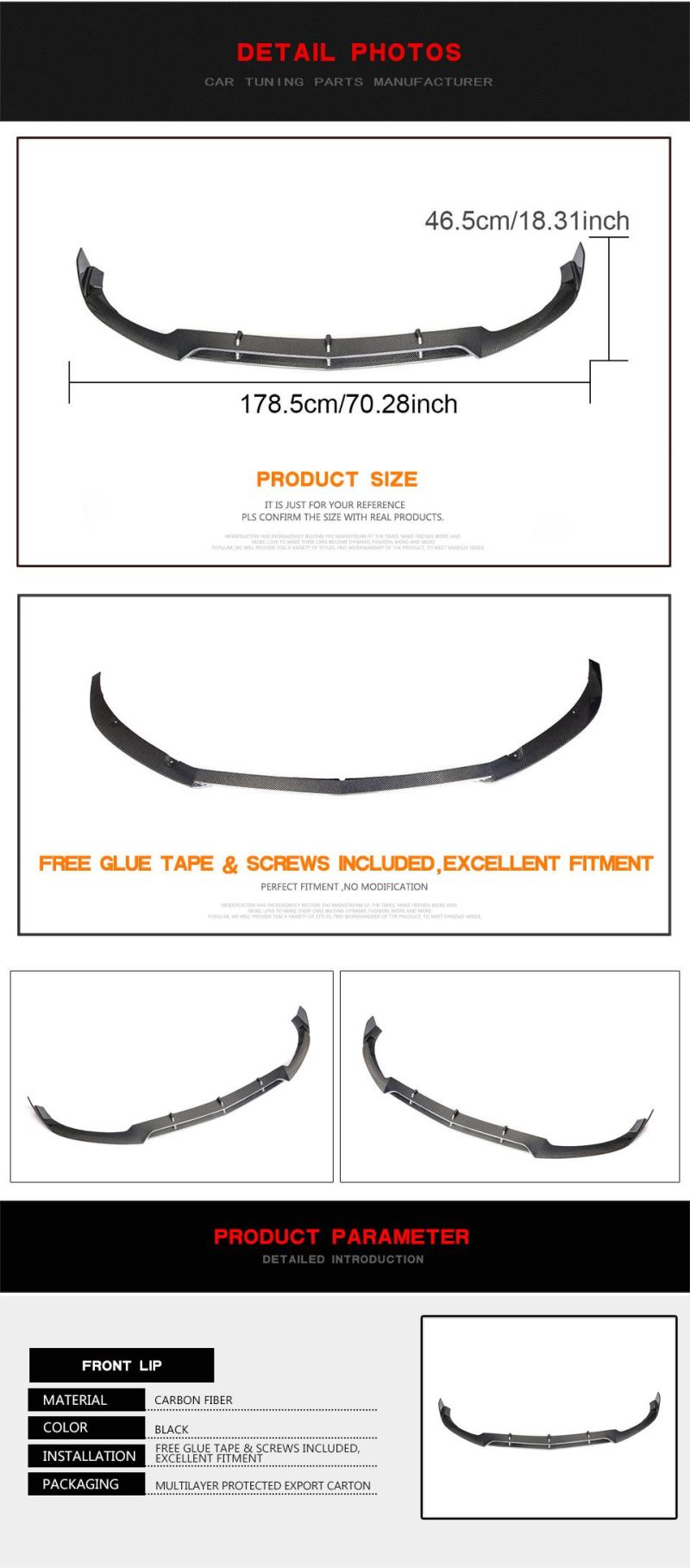 for Mercedes Benz C Class W205 C63 Carbon Fiber Front Bumper Lip B Style Sedan 4-Door 2015-2018